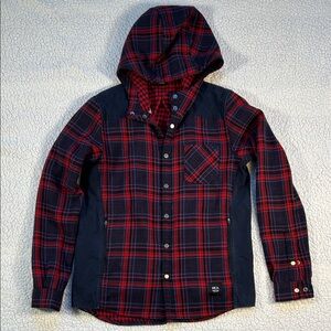Primal Happy Trails, Red and Navy Plaid Hooded Blanket Shirt, Medium